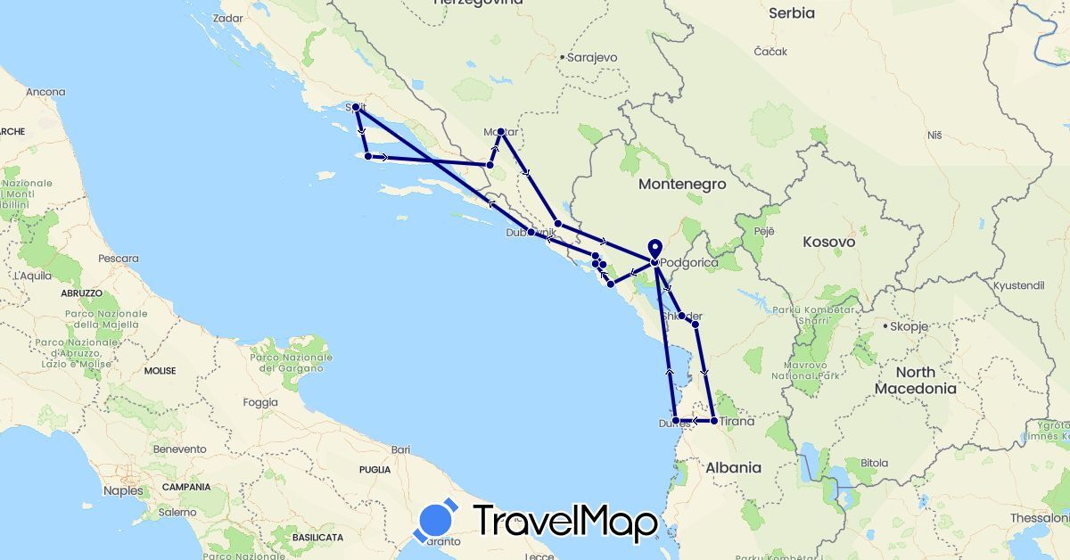 TravelMap itinerary: driving in Albania, Bosnia and Herzegovina, Croatia, Montenegro (Europe)